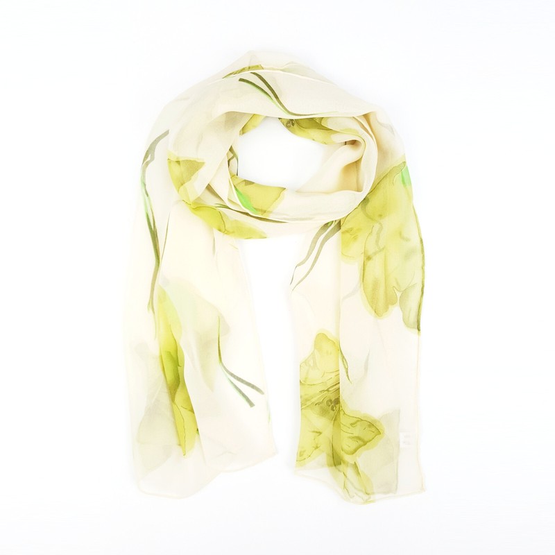 Floral Print Sheer Chiffon Silk Stole Long Scarf Green Ivory 53x13in 135x33cm
