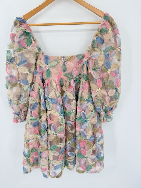Storia Stacy Sequins Floral Sz S Babydoll Dress Puff Sleeve Colorful Wedding gallery