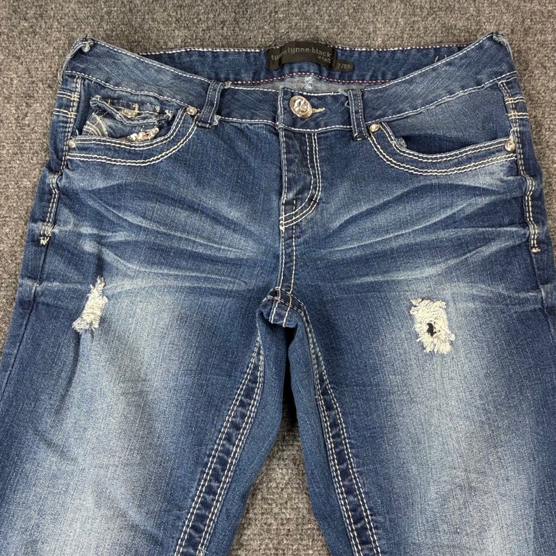 Twentyone Black Rue21 Womens 7/8R Distressed Bootcut Jeans Blue Thick Stitch Y2K gallery