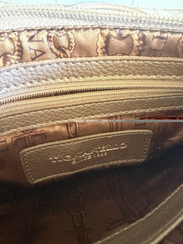 Tignanello Beige Pebbled Logo Shoulder Bag Zip Closure Lined Pockets Silver gallery