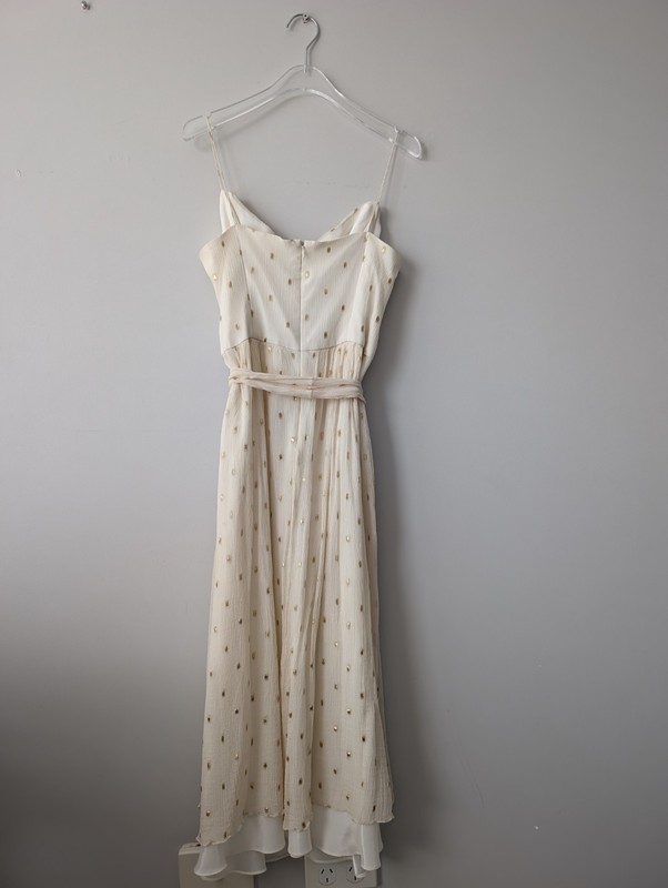 Lisa Ho 95% Silk Cream Gold Metallic Spot Dress AU10 Tie Waist Wedding Guest gallery