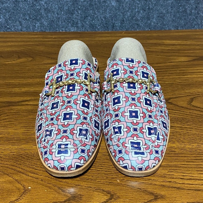 Boden Pink Blue Geometric Tile Print Leather Horsebit Mules Loafers EU38 W7 New gallery