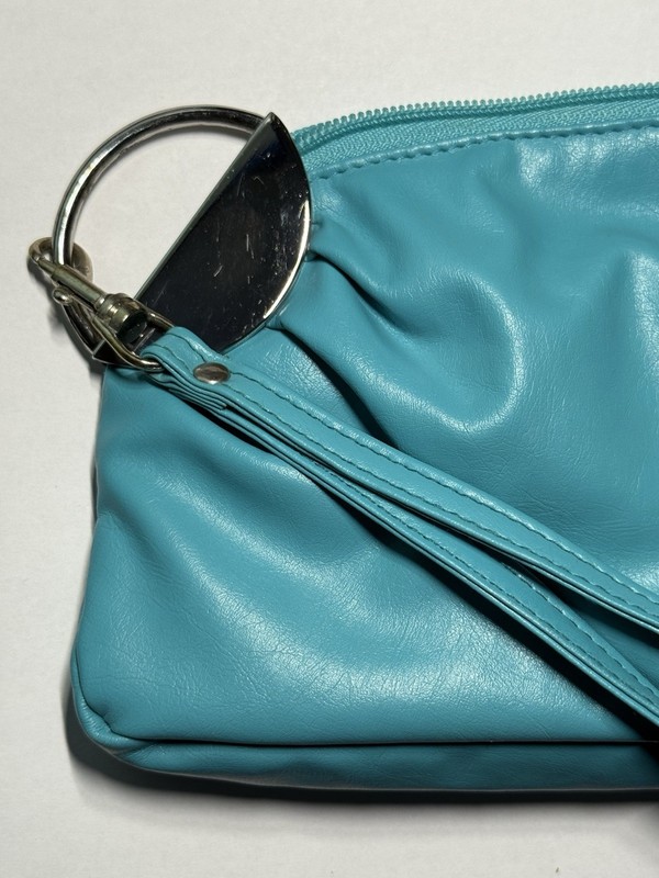 Turquoise Faux Leather Wristlet 8x5x1” Zip Silver Hardware Interior Zip Pocket gallery