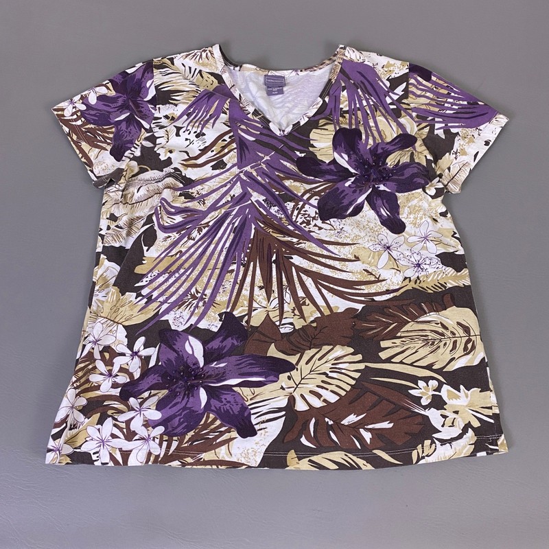 Laura Scott T-Shirt Women’s XL Purple Floral Tropical V-Neck Sequin Accents *