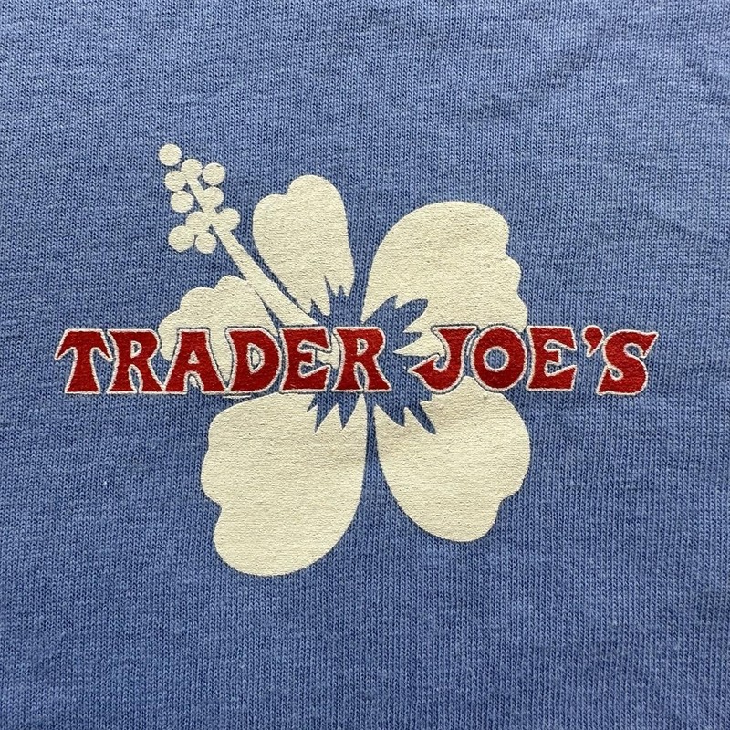 Trader Joes T-Shirt Womens Medium Blue Floral Employee Grocery Logo Short Sleeve gallery