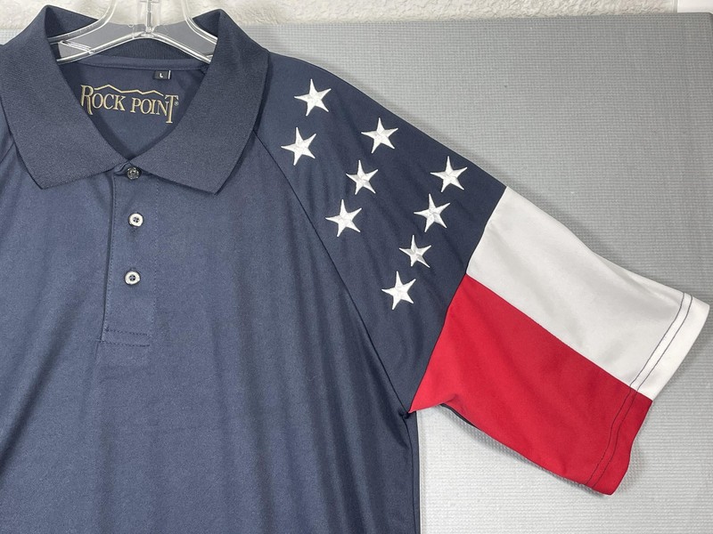 Rock Point Polo Shirt Mens Large Blue Patriotic USA Flag Graphic Allegiance