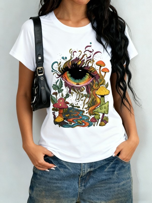 Trippy Eye Mushroom T-Shirt Psyched Art Casual Short Sleeve Black White Gray Tee