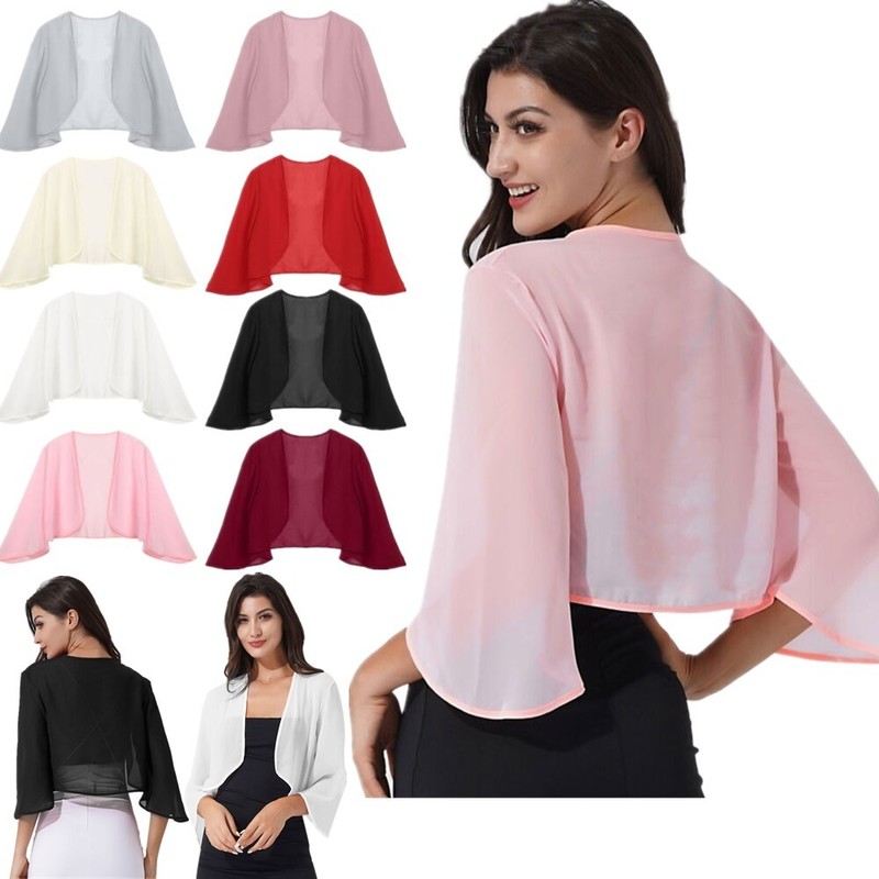 US Women's 3/4 Sleeve Shrugs Cropped Cardigan Chiffon Bolero Open Front Jacket gallery