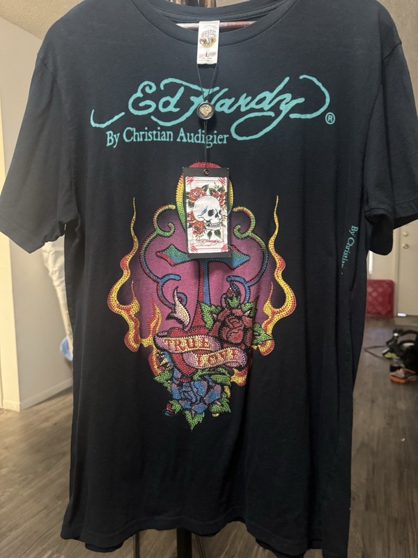 Vintage Ed Hardy Men’s “Peace Cross” Platinum Rhinestone T-Shirt L w/ tags