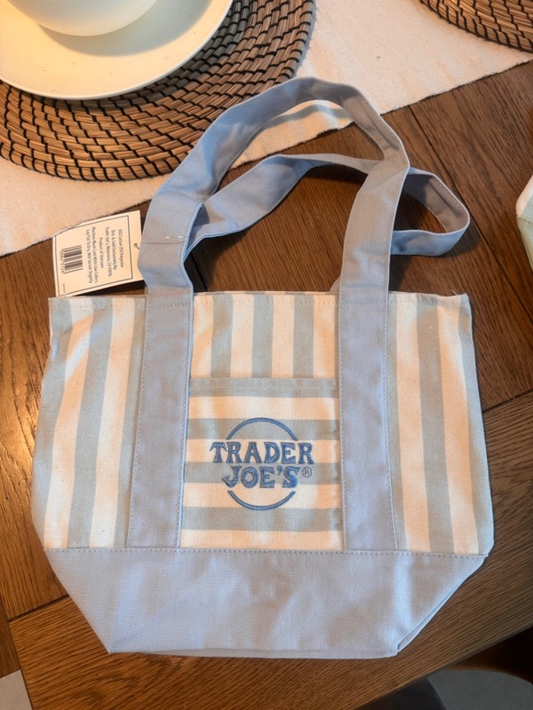 trader joes striped mini tote blue