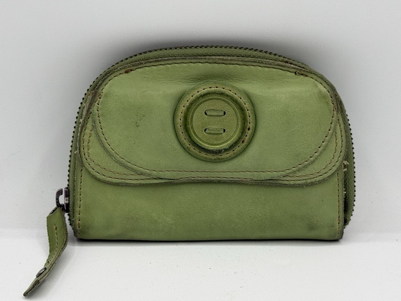 Rare Vintage Fossil Zipper Wallet Green Genuine Leather Snap Flap Button