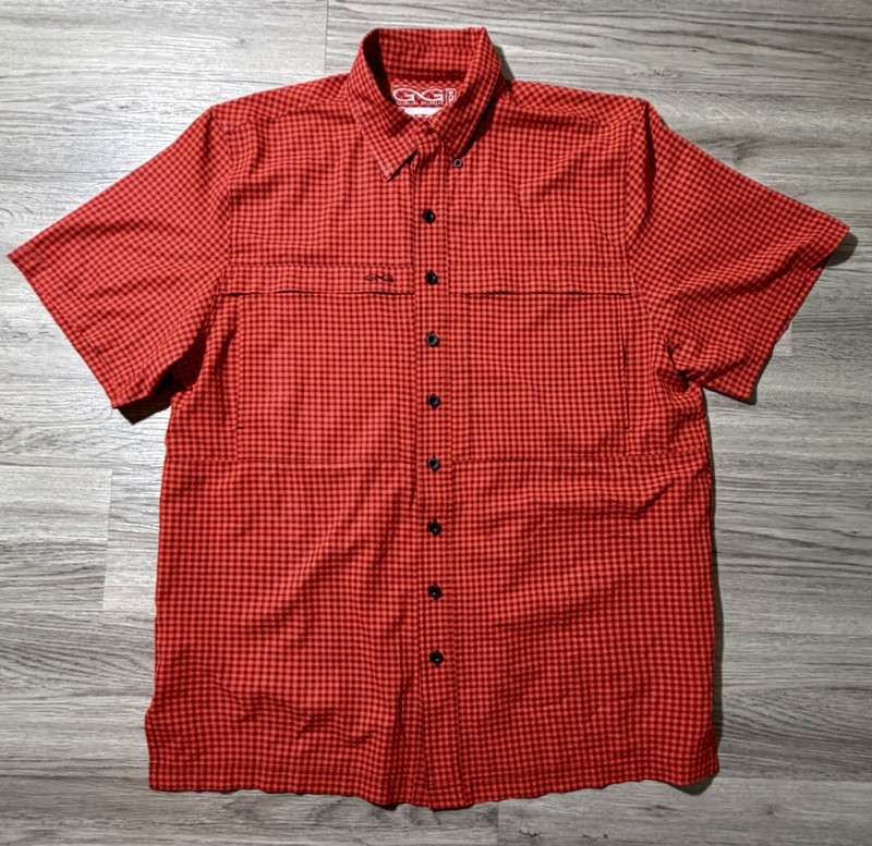 GameGuard Outdoors Men’s Fishing Shirt Short Sleeve Plaid Orange Black Size LG