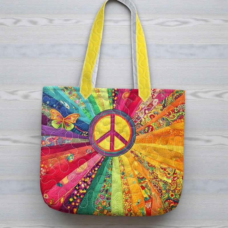 Boho Hippie Peace Symbol Tote Bag Quilted Rainbow Sunshine Festival Reusable gallery
