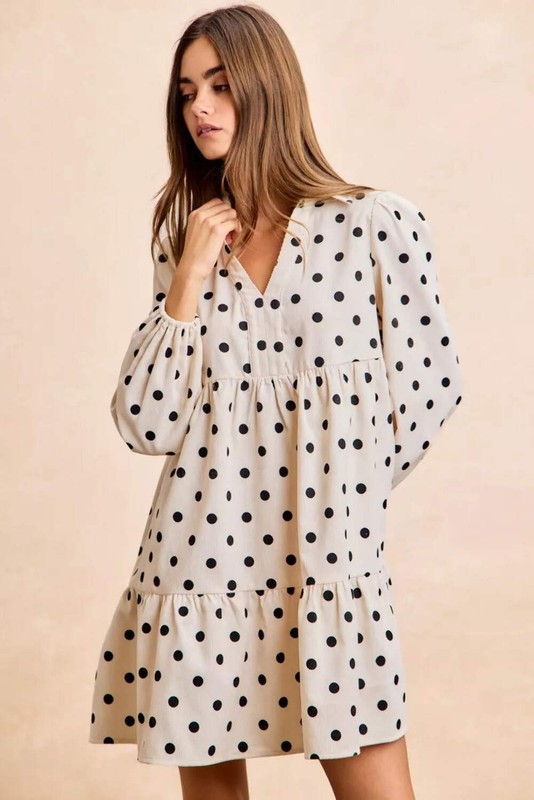 BiBi White Black Polka Dot Corduroy Collared V Neck Balloon Sleeve Mini Dress
