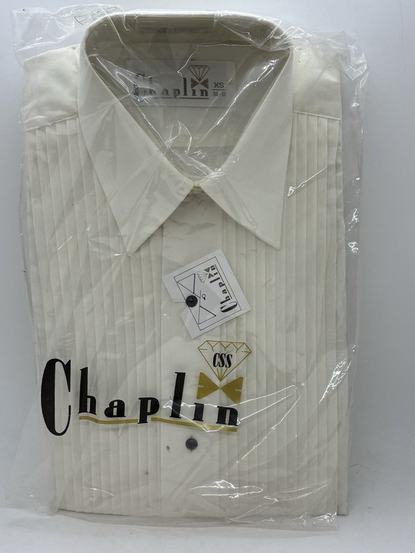 Cream Full Collar Tuxedo Shirt, S 30-31 New Deadstock Vintage Long sleeve w/blk