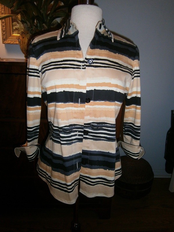Linda Allard Ellen Tracy Gold & Black Striped Blouse~Polished cotton~Can cuff~6