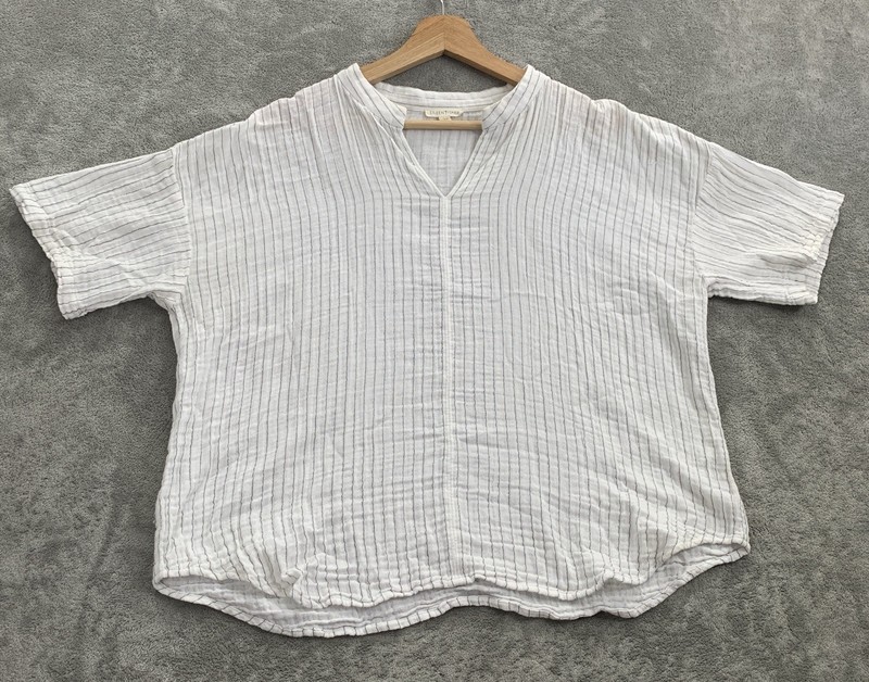 Eileen Fisher Top Womens M Organic Cotton Gauze Boxy Striped Stand Collar Boho