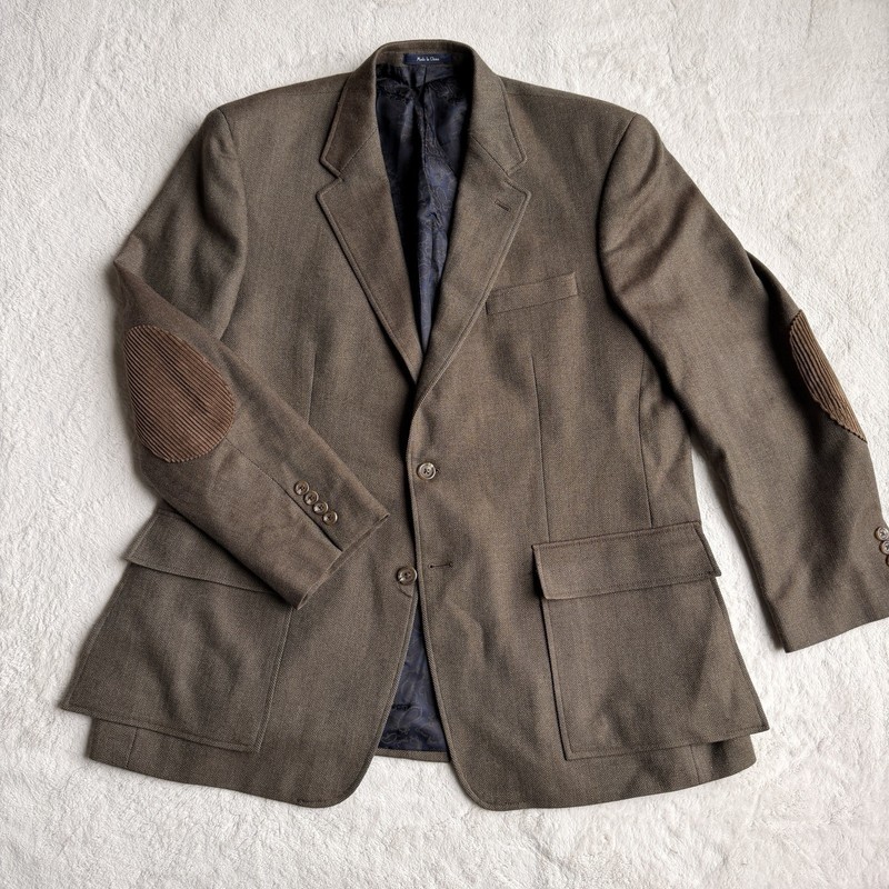 VTG Turnbury Mens 100% New Wool Blazer Sz L Brown Herringbone Elbow Patches