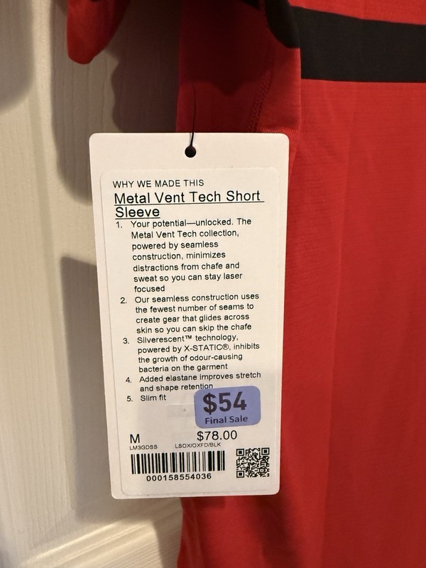 lululemon Metal Vent Tech Men's M Red/Black Striped Slim Crew Short Sleeve gallery