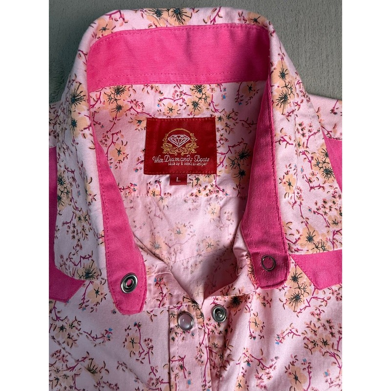 White Diamonds Boots Western Shirt Womens Large Pink Floral Pearl Snap Excellent gallery