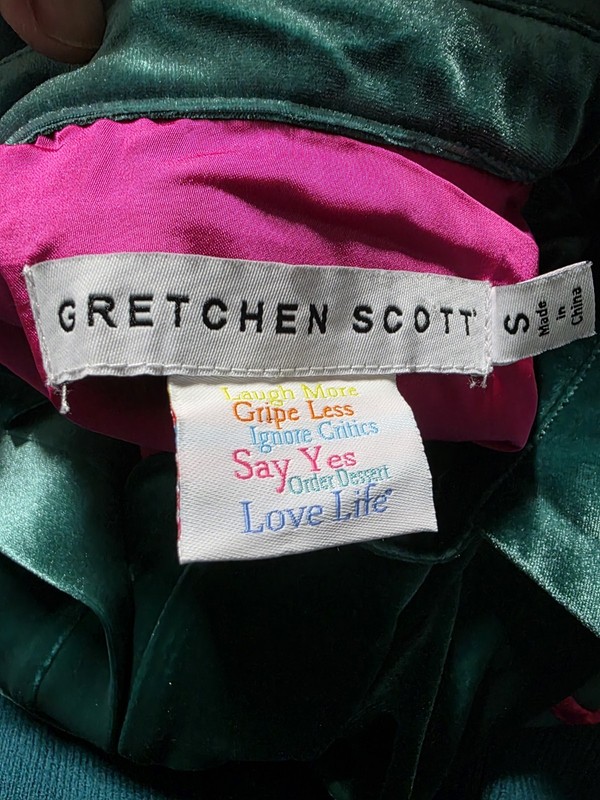 Gretchen Scott Twist & Shout Top Emerald Green Velvet Gold Button Pink Lining S gallery