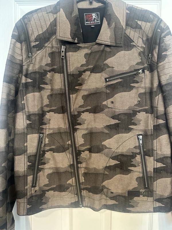 PRPS Goods & Co Denim 100% Cotton Blk Camouflage Full Zip Up Moto Jacket SIZE XL gallery