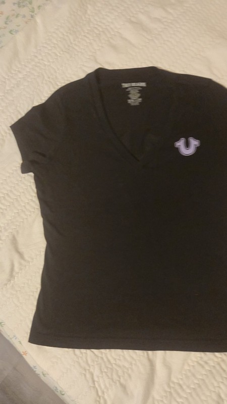 True Religion Black V-Neck Short Sleeve Graphic Logo Glitter Tee Womens M