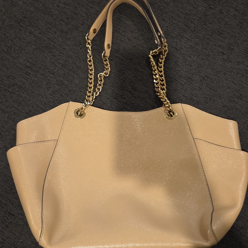 Michael Kors Beige Tote Shoulder Bag Gold Hardware Logo Zip Inner Pockets gallery