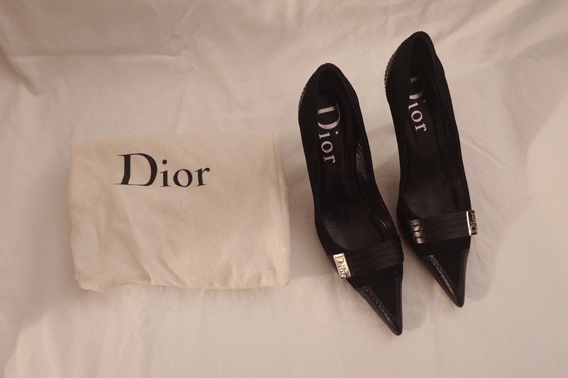 Christian Dior Whipstitch Trim Suede and Leather Pointed Stilettos, Sz 36 Black