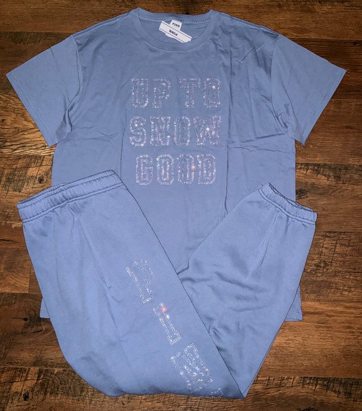 Victoria's Secret Pink Bling Campus SS Tee Shirt + Pants Set Dusty Iris L or XL gallery