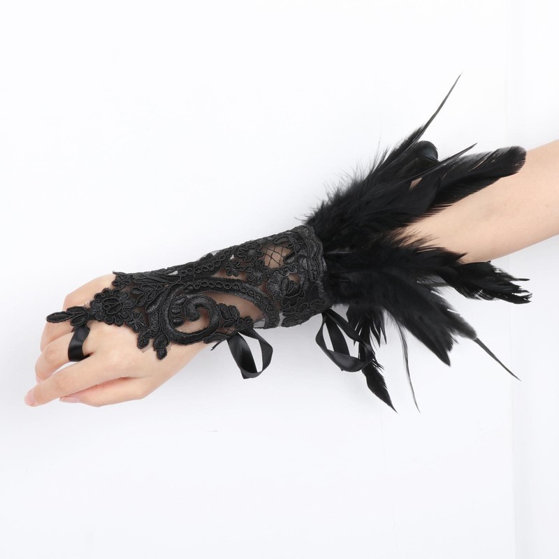 Mesh Gloves Artificial Feather Cuffs Gloves Gothic Artificial Feather for Women gallery