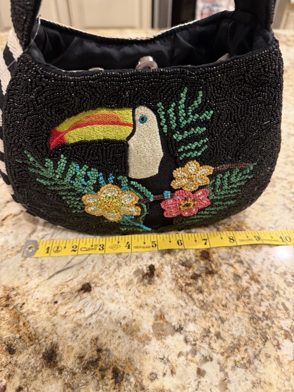 Lulu Black Beaded Toucan Striped Small Satchel Top Handle Bag Snap Closure gallery