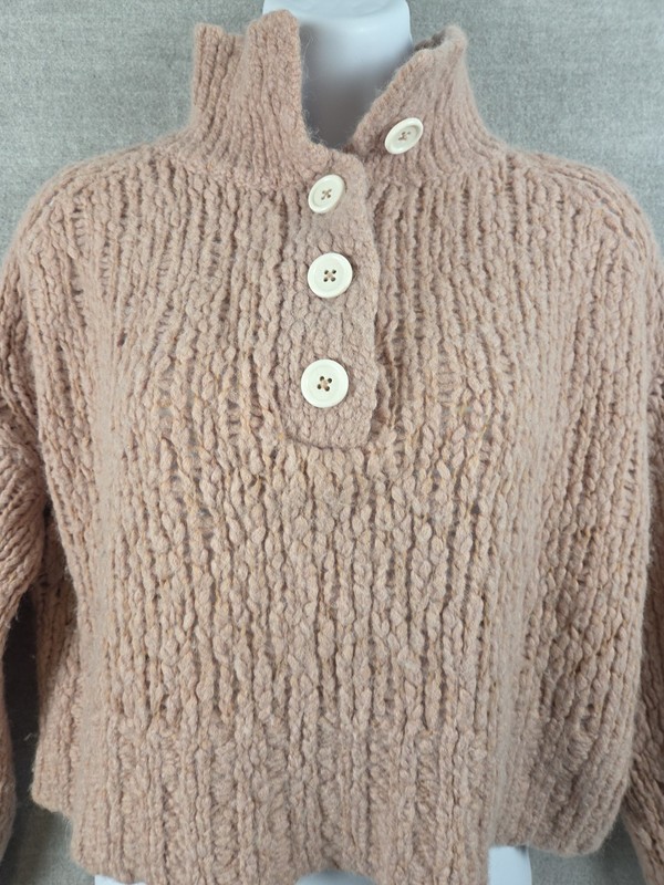 Everlane Alpaca Wool Cropped Sweater Size S Fuzzy Pale Pink Button Neck Fairy gallery
