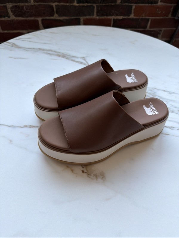 Sorel Dayspring Slide Platform Sandals Womens Size 8 Brown Leather Comfort Shoes