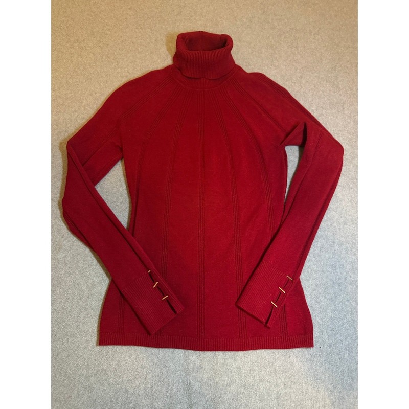White House Black Market Red Ribbed Turtleneck Sweater Gold Cuff Detail XXS