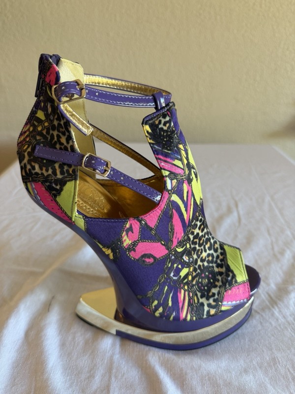Mona Mia Collezione Women’s Platform Wedge Heels Purple Multi Print Open Toe 8