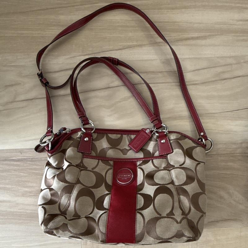 Coach Signature Satchel Top Handle Bag Beige/Brown Red Trim Zip Pockets Lined