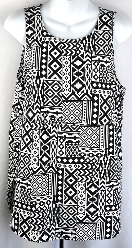 Faded Glory sleeveless silky Tank top M Blk/Wht Aztec Pleated Retro Boho Y2K