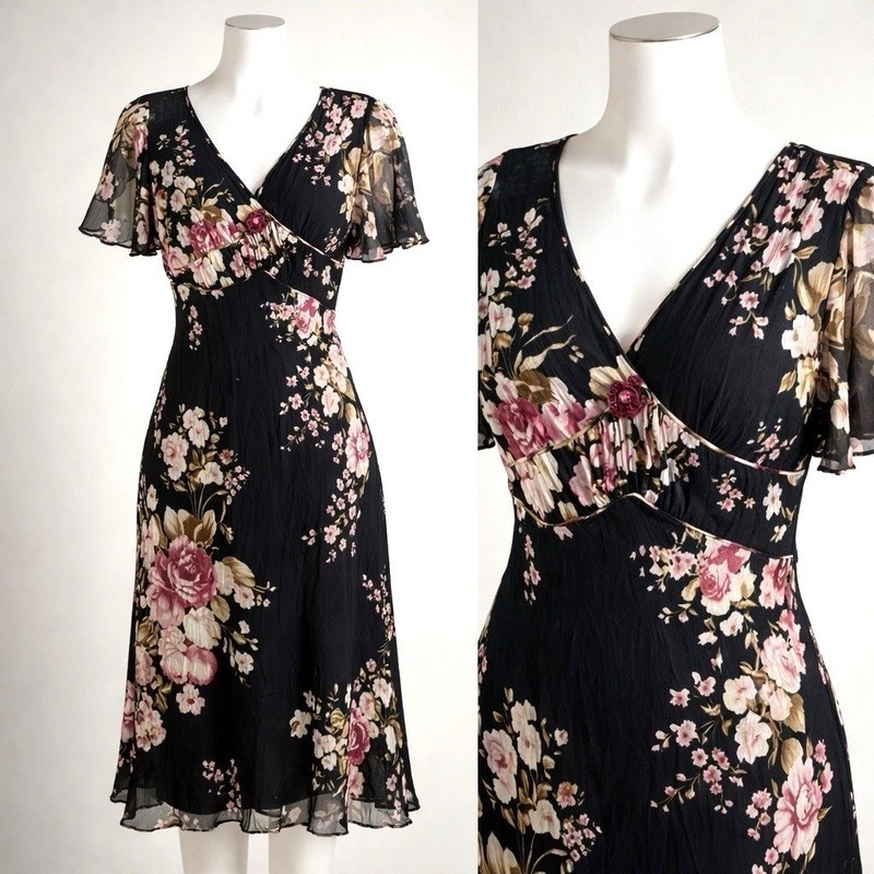 ECI New York 100% Silk Floral Midi Dress Womens 14 Black Empire Waist