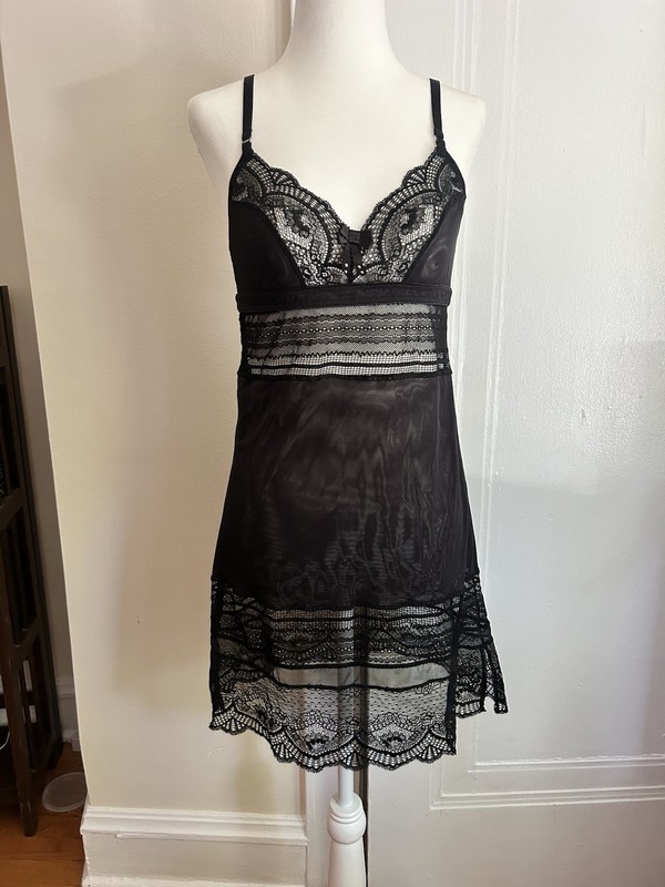 Black Lace Slip Dress Womens Medium Sheer Lace Chemise Y2K Lingerie Nightgown