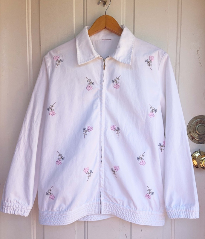 Tudor Court Women’s L White Cotton Denim Floral Embroidered Zip Jacket