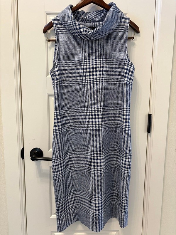 J. McLaughlin Blue Plaid Cowl Neck Sheath Dress Medium