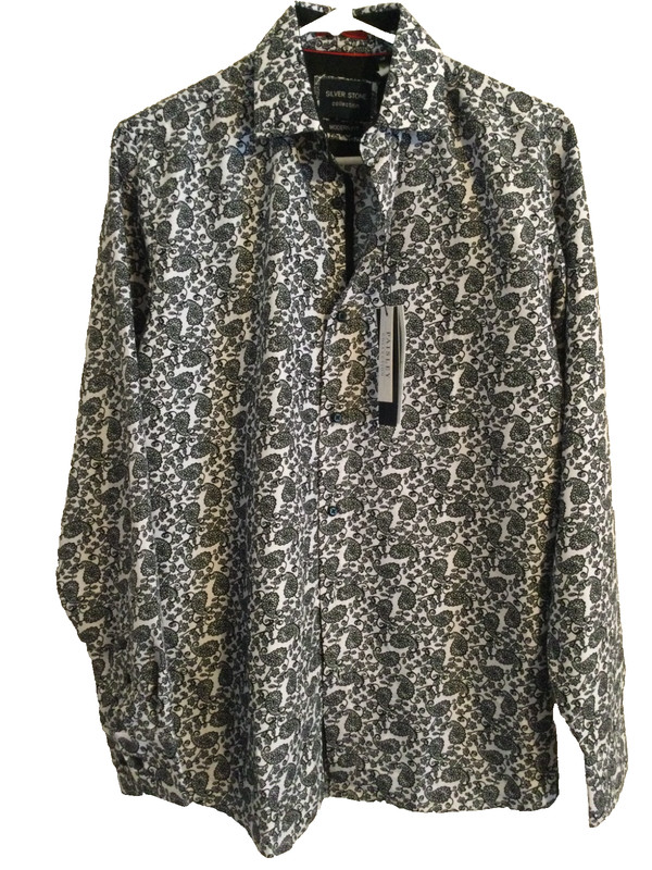 Silver Stone Paisley Button Down Shirt Mens Small Black White Modern Fit NWT