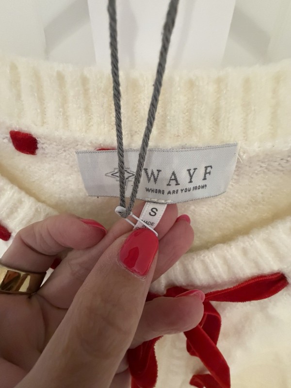 WAYF Ivory Cable-Knit Button-Front Cardigan Sweater Red Ribbon Bow Size S gallery