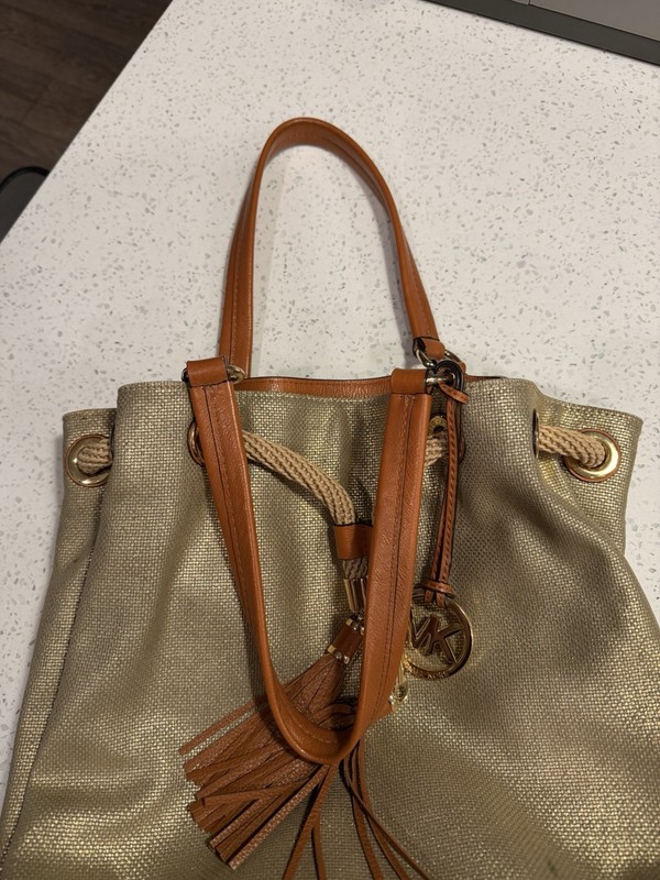 MICHAEL KORS . Marina Metallic Gold Canvas Drawstring Handbag Purse Tote gallery