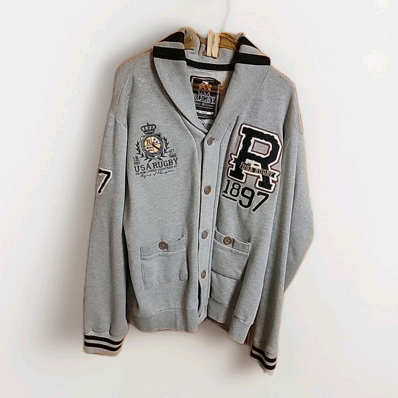 USA Rugby 1897 Varsity Jacket Size XL Embroidered Button Dn Fleece Vtg Letter