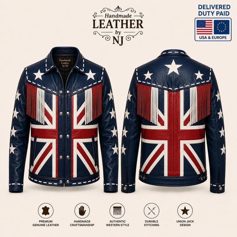 UK Flag Leather Jacket, Handmade Union Jack Leather Coat, Men Women Vintage