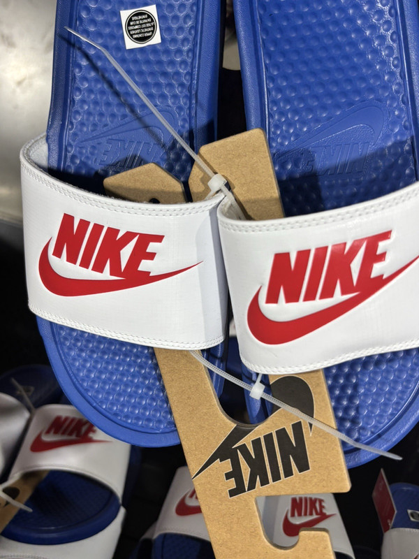 Nike Benassi JDI Men’s Slide Sandals Comfort Slip-On Blue/White/Red Logo