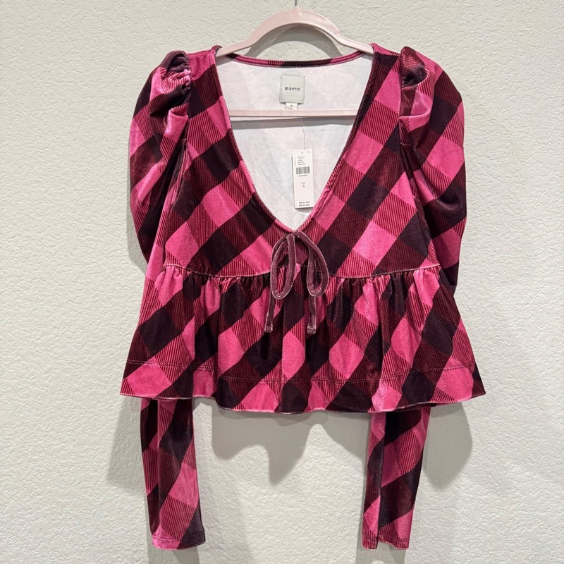 Maeve Anthropologie Velvet Plaid Peplum Top XS S Puff Long Sleeve Fall Burgundy gallery