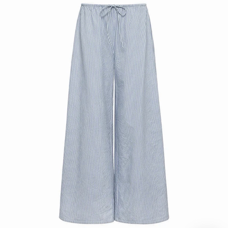 Montce Blue/White Striped Cotton Wide-Leg Pants Drawstring Elastic Waist S